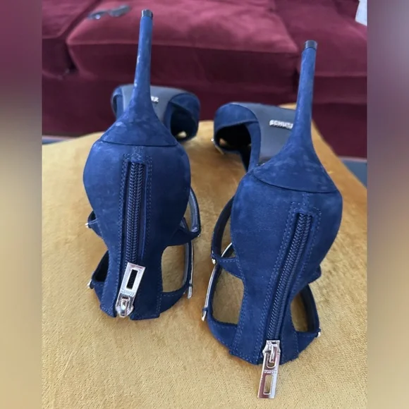 Schutz Sandalia Salto Alto Nobuck Sailfish heels navy/gold size 8 with box - Picture 15 of 16